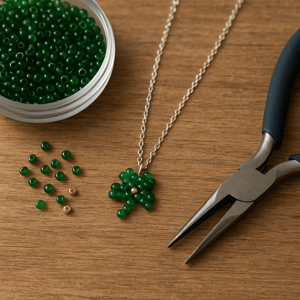 DIY smykkefremstilling med grønne perler – en firkløverhalskæde på sølvkæde, omgivet af løse perler, en perleæske og smykketang på træbord.