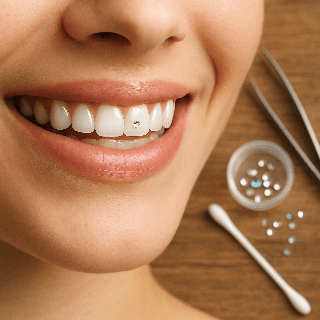 Smilende kvinde med et lille tandsmykke på fortanden – foran ses rhinsten, pincet, vatpind og smykkematerialer på et træbord.