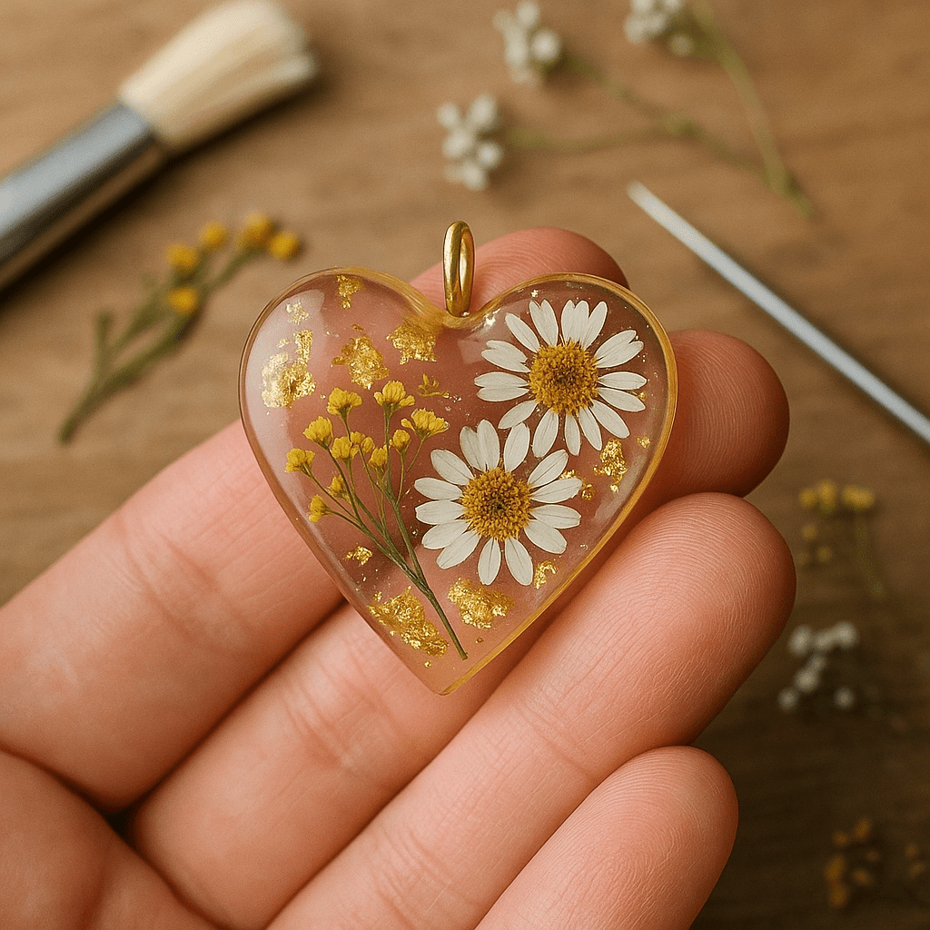 DIY smykkevedhæng i hjerteformet resin med indstøbte margueritter og guldfnug, holdt i hånden på træbord med blomster og værktøj i baggrunden.