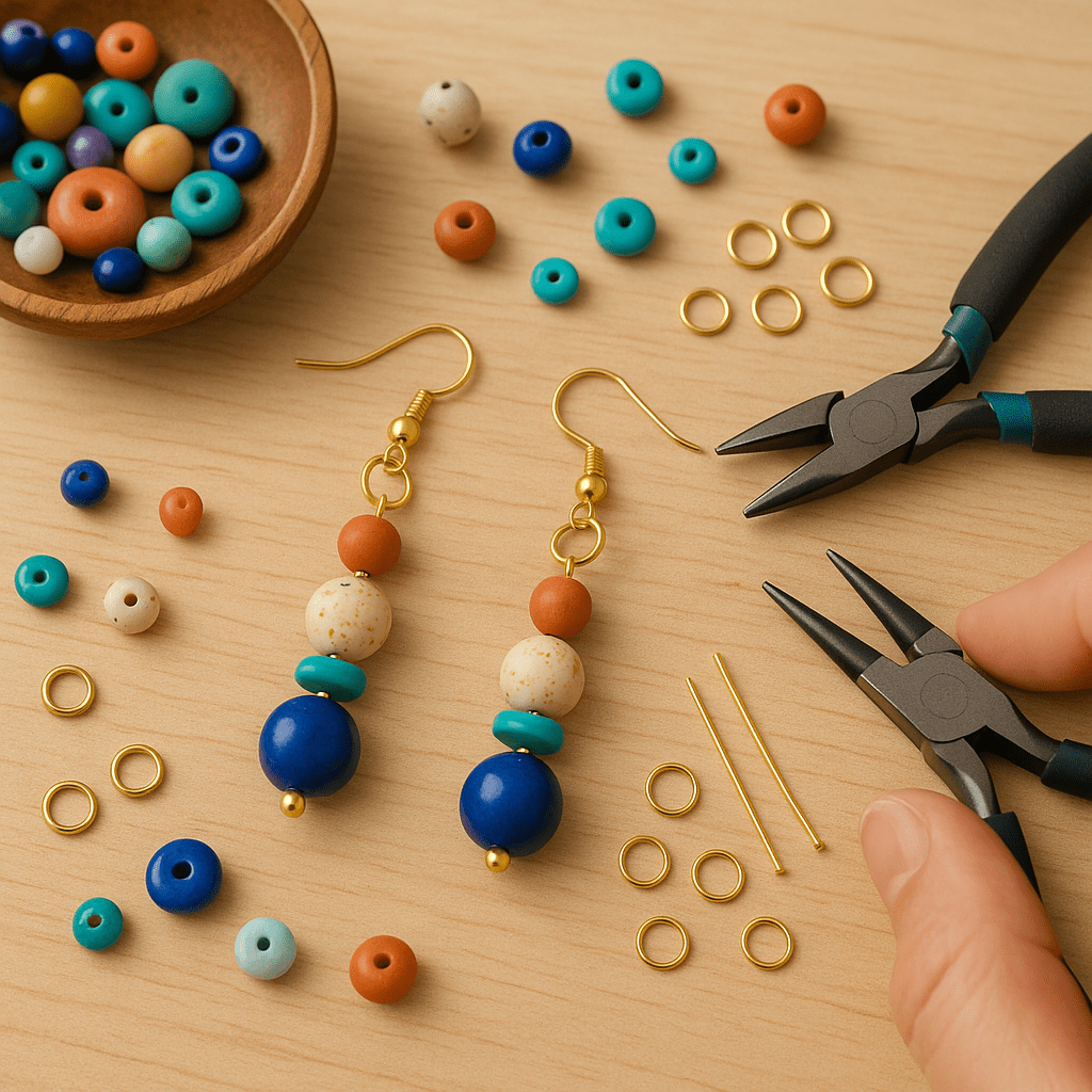 DIY øreringe med farvede perler – materialer, smykketænger og færdige håndlavede accessories lagt på træbord.