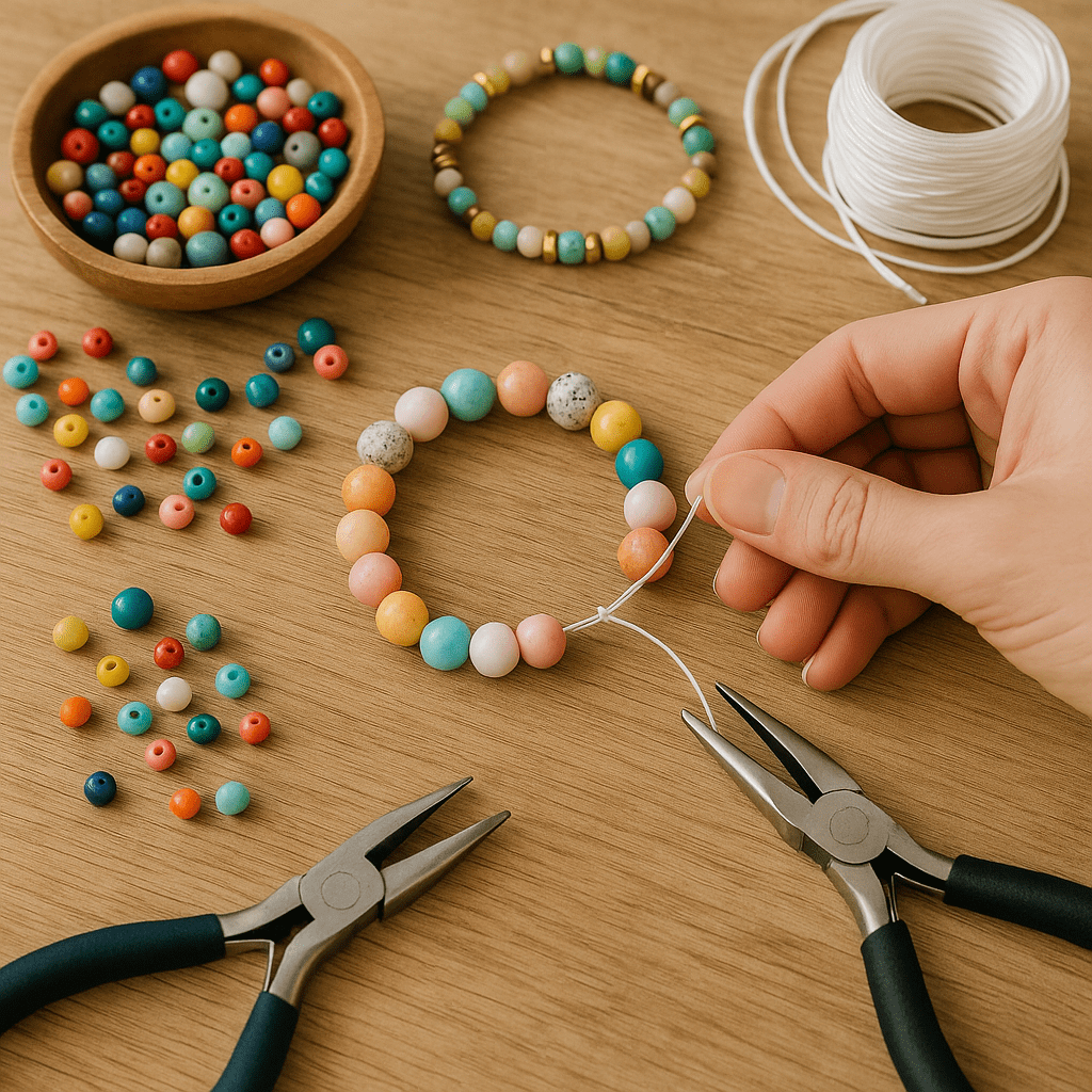 DIY perlearmbånd – hånd trækker elastiksnor gennem farvede perler med smykketænger, perleskål og færdige armbånd på træbord.