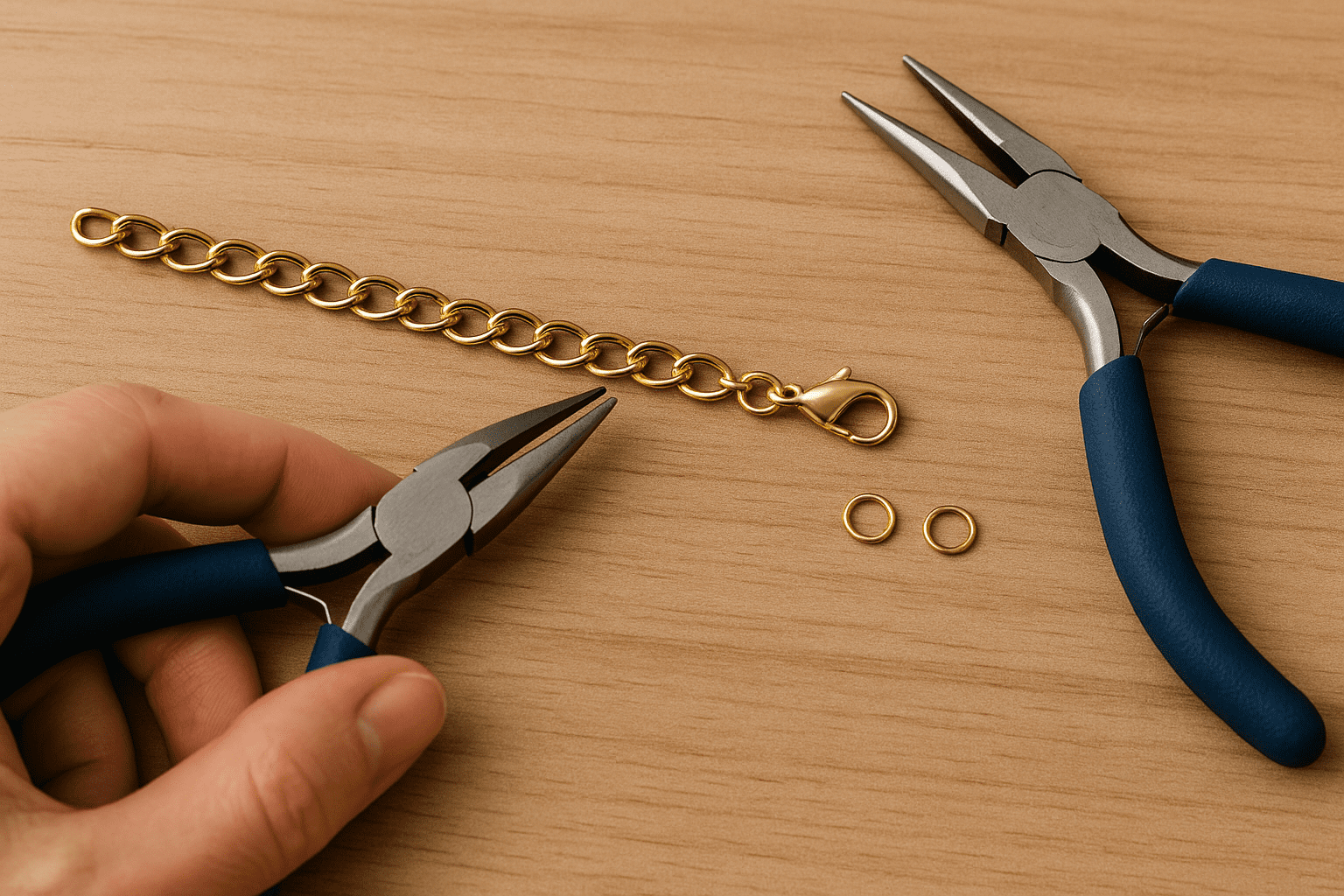 DIY kædearmbånd i guld – smykketænger, jump rings og karabinlås bruges til at samle armbåndet på træbord.