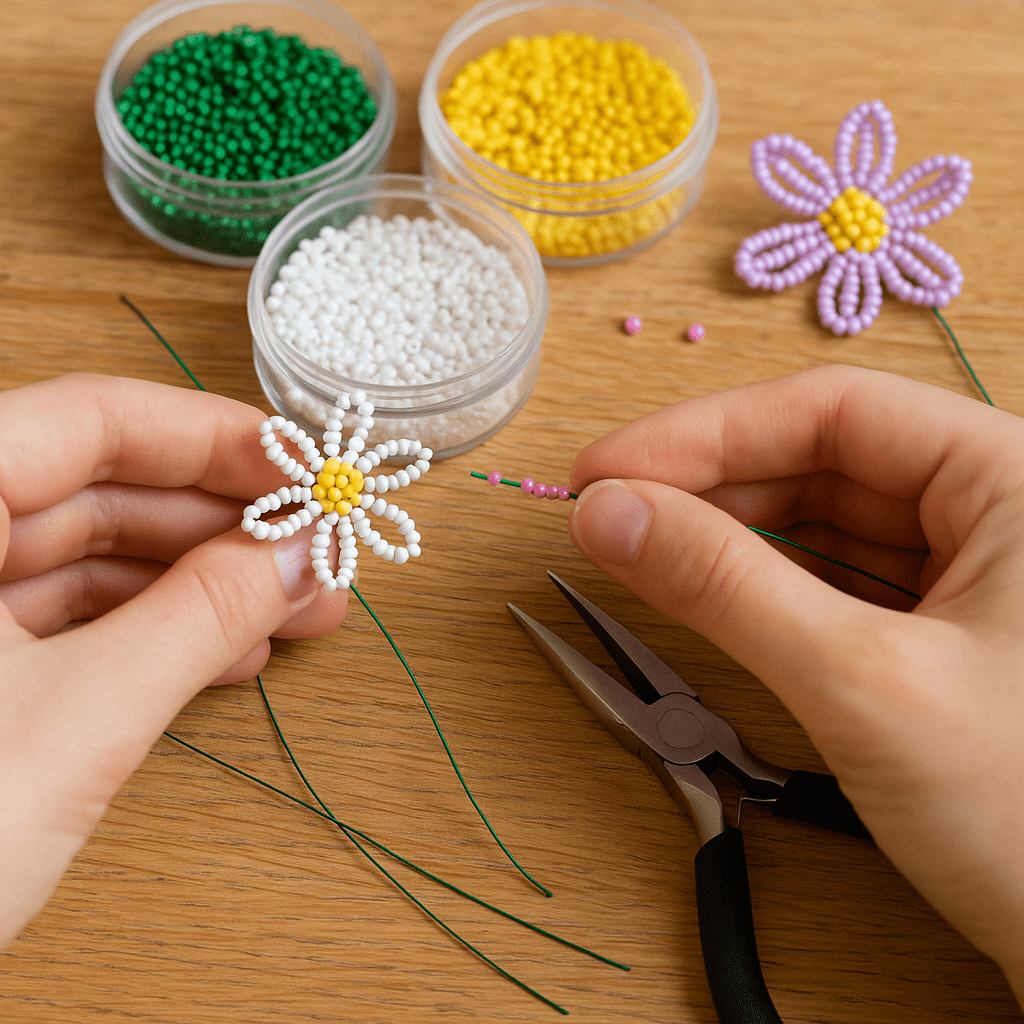 Hænder der laver en perleblomst af hvide og gule perler på grøn tråd, med små skåle af perler i grøn, hvid og gul i baggrunden samt en tang på bordet.