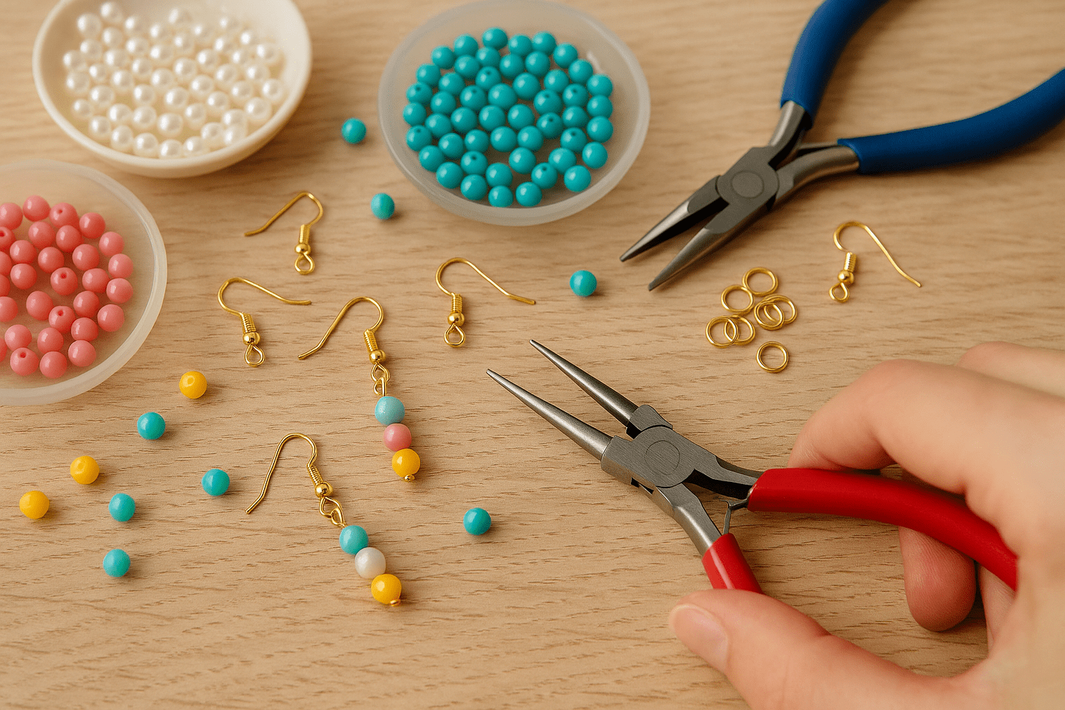 DIY smykkefremstilling: hånd med tang ved siden af perler i forskellige farver, ørekroge, guldringe og færdiglavede perleøreringe på et træbord.