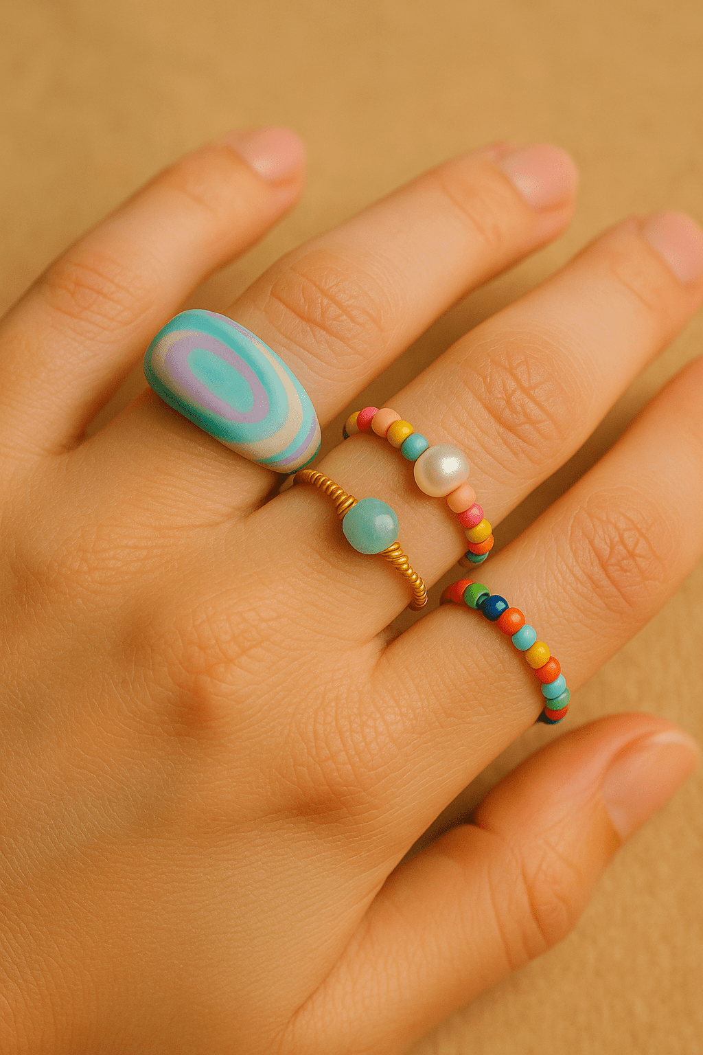 Hånd med fire DIY-ringe: en stor farverig polymer-ler ring, en guldfarvet wire-ring med blå perle, en perlering med hvid ferskvandsperle og en farverig perlering.