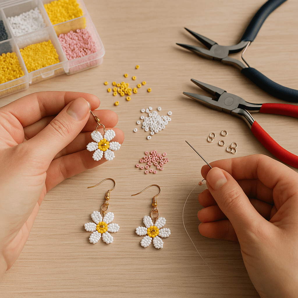 Hænder laver perleøreringe med smykketråd, perler og værktøj på et bord