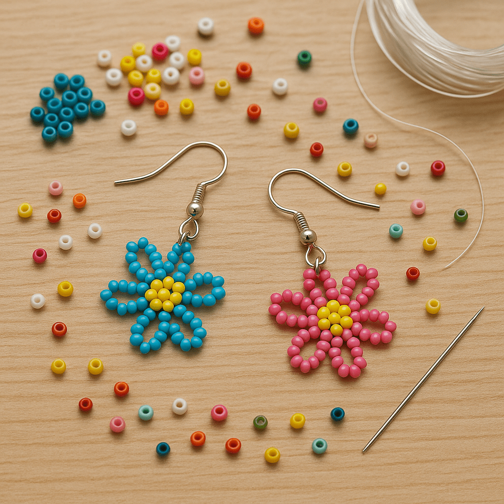 Farverige DIY blomsterøreringe i perler, en blå og en pink, omgivet af perler, tråd og nål på et træbord.