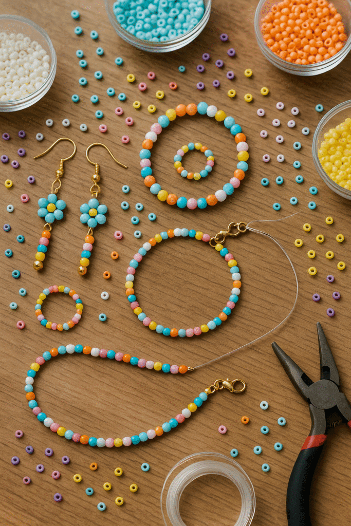 DIY smykkesæt med farverige perleøreringe, armbånd og ringe på træbord, omgivet af perler, tråd og smykketang