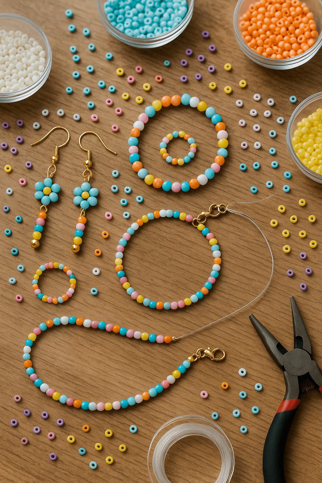 DIY smykkesæt med farverige perleøreringe, armbånd og ringe på træbord, omgivet af perler, tråd og smykketang