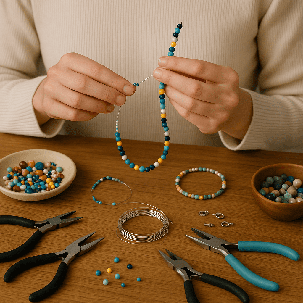En person sidder ved et træbord og laver et hjemmelavet smykke. Hænderne holder en perlekæde med blå, gule og hvide perler, mens forskellige værktøjer, tråd og skåle med perler ligger spredt omkring på bordet.