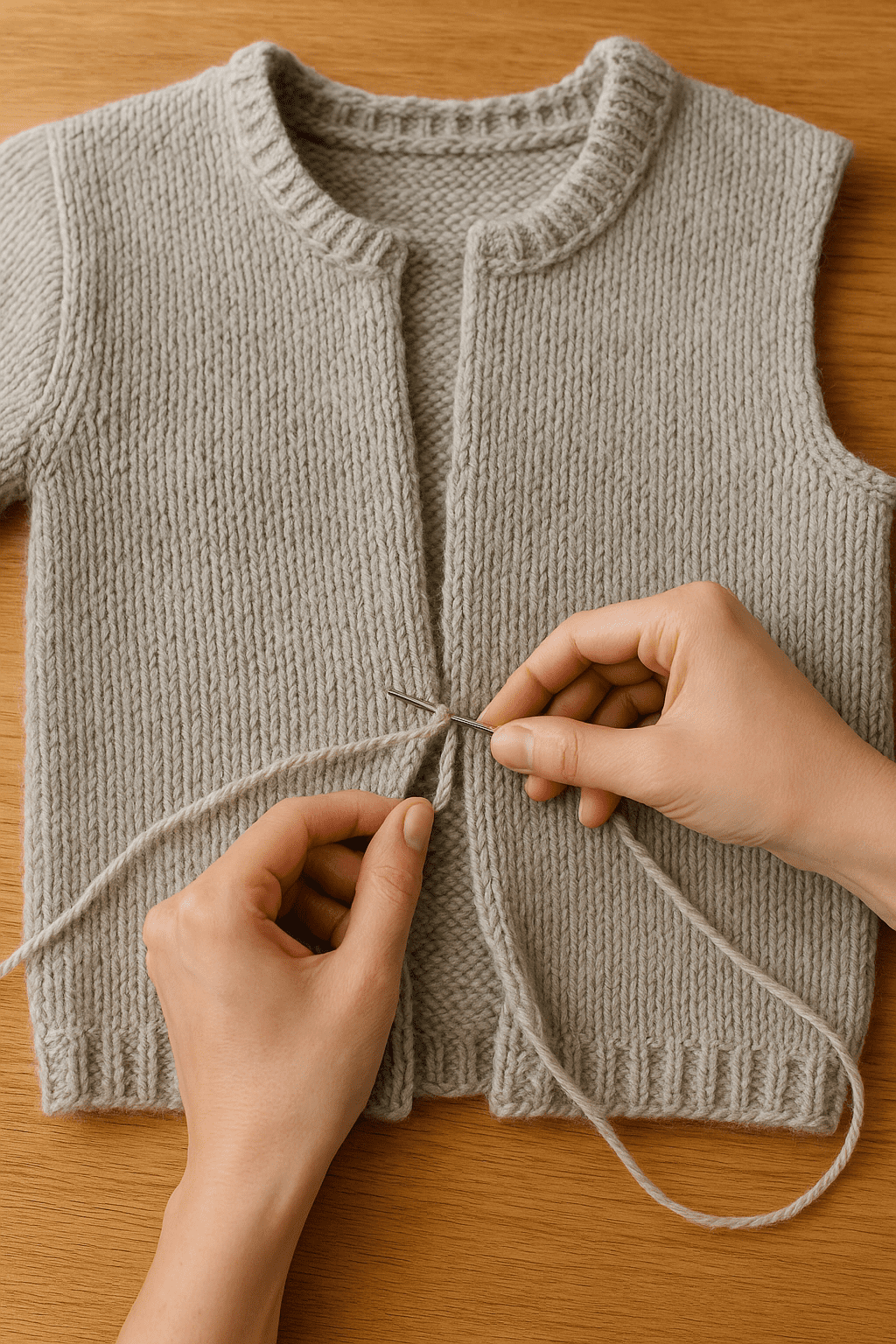 Hvordan syr man strik sammen – sweater i dele der sys sammen med stoppenål og garn