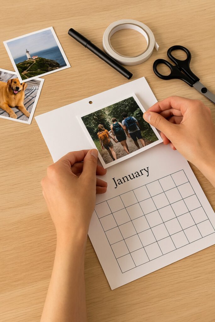 Hænder der sætter et foto fast på en hjemmelavet kalender-side omgivet af sakse, tape og andre billeder på et træbord