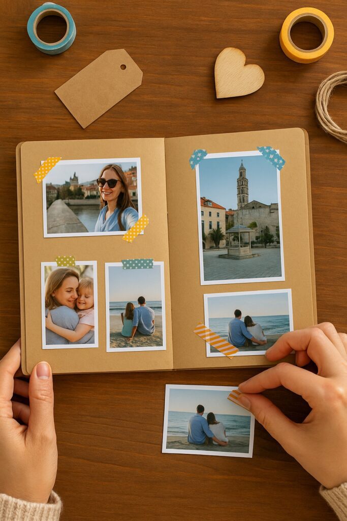 Hænder, der dekorerer en DIY fotobog med fotos, washi tape og små souvenirs på et træbord